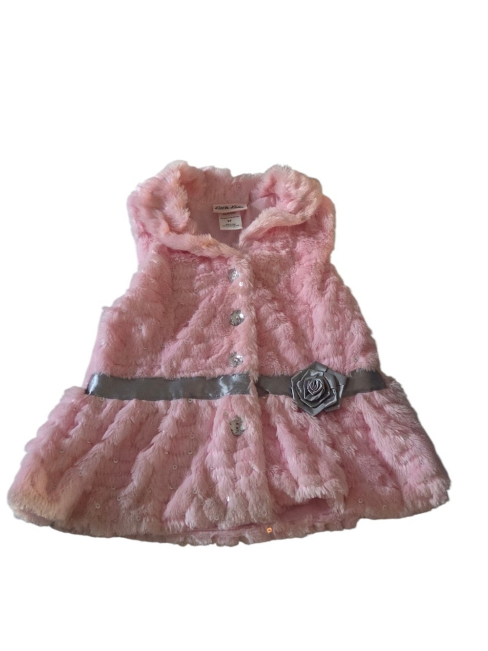 Little Lass Girls 3T Pink Faux Fur Vest Sequin Silver Rose Belt Dressy